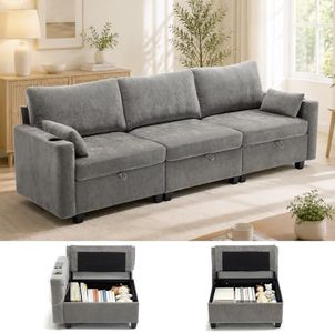 VBONDA 110" Modular Sectional Couch with Storage Seat,3 Seater Deep Seat Sofa with USB Charging Port and Cupholder for Living Room,Grey