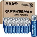 Powermax 60-Count AAA Batteries, Ultra Long Lasting Alkaline Battery, 10-Year Shelf Life, Reclosable Packaging