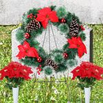 Dingion 3 Pcs 24" Christmas Cemetery Wreath with Easel Stand Gravestone Red Poinsettia Bouquet with Vase Christmas Artificial Memorial Gravestone Wreath Stand Headstone Wreath Outdoor Decoration