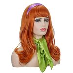 Long Wavy Orange Wig | FVCENT Full Bangs Ginger Wigs Halloween Cosplay Costume Party Synthetic Wig With Purple Head bang and Green Scarf (Daphne)…