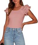 PRETTYGARDEN Women's Ruffle Short Sleeve Shirts 2025 Summer Casual Basic Tee Cute Fitted Crew Neck Fashion Tops Clothes (Dusty Pink,Medium)