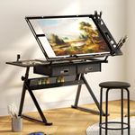 DlandHome Glass Drafting Table Adjustable Drafting Table Craft Table Drawing Desk Hobby Table Writing Desk Studio Desk with Drawers, Angle Adjustable Top,10CZLCUT-DT1027-WT-DCA