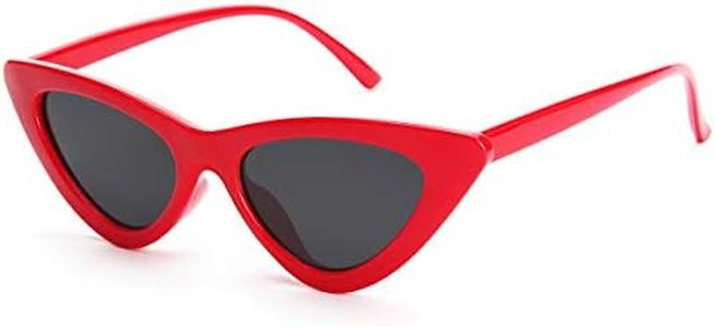 Livhò Retro Vintage Narrow Cat Eye Sunglasses for Women Clout Goggles Plastic Frame (Red Frame + Grey Lens)