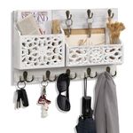 QILICZ Wood Key Holder for Wall,Decorative Wall Key Holder with 13 Key Hooks,Rustic Key Hanger for Wall,Farmhouse Key Organiser, Key Hook Rack Letter Holder for Key Mail Envelope Magazines,White