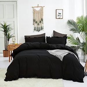 KAREVER Black Ruffled Comforter Set Cal King Size Bedding Set Women Black Ruffles Blanket Men California King Ruffled Comforter Farmhouse Ruffle Fringe Design Girls 3 PCs Black Ruffled Bedding Set