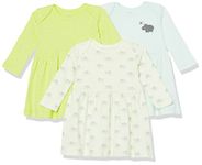 Amazon Essentials Baby Girls' Long-Sleeve Dress, Pack of 3, Cream/Lemon Yellow Dots/Light Blue/Hippo, 18 Months