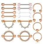 Rajnard 16Pcs Nipple Ring Nipple Bar 14G 14mm Rosegold Surgical Steel with Fake Diamond Nipple Piercing Nipple Shield NipplePiercing Jewellery