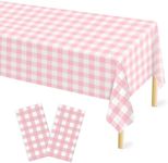 Pink Gingham Tablecloth 54 × 108 Inches Pink and White Checkered Table Cloth Disposable Plastic Waterproof Tablecover for Outdoor Picnic, Holiday Dinner, Birthday Party