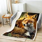 Fox Print Sherpa Blanket 3D Wild Animal Theme Throw Blanket Woodland Fox Fleece Blanket for Couch Bed Sofa Room Decor Lightweight Nature Wildlife Pattern Fuzzy Blanket Twin 60"x80"