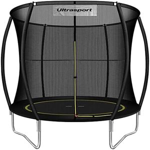 Ultrasport Trampoline de jardin de 244 cm de diamètre, cordes élastiques au lieu de ressorts, pas de grincements, charge max. de 100 kg, kit de trampoline complet, couleur : Noir