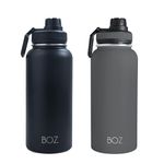 BOZ Stainless Steel Water Bottles 2 Pack Bundle - Grey Water Bottle + Black Water Bottle - Vaccum Insulated Water Bottles 32 Oz - Wide Mouth BPA Free Metal Water Bottles for Gym with Spout Lid