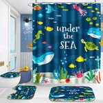 Poedist 4 Pcs Bathroom Shower Curtain Sets,Kid's Shower Curtain Sets with Rugs(Bath Mat,U Shape and Toilet Lid Cover Mat) and 12 Hooks,Under The Sea