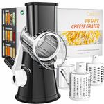 Rotary Cheese Grater Cheese Shredder - Manual Cheese Grater with Handle Vegetable Slicer Nuts Grinder 3 Replaceable Drum Blades and Strong Suction Base Free Cleaning Brush