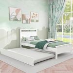 DORTALA Twin Bed with Trundle, Modern Wood Platform Bed with Headboard & Footboard, Pull Out Trundle Bed Frame with Wooden Slats Support for Kids Teens Adults, No Box Spring Need (White)