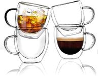 HOLLIO Double Wall Glass Coffee Mugs, Clear Glass with Handle Tea Cup Set Glassware,Insulated,Coffee,Cappuccino,Tea,Latte Cups,Beverage Glasses Heat Resistant