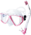 Snorkel Set Pano 4 Adult Snorkeling Gear, Professional Anti-Fog Snorkel Mask Dry Top Snorkel, Tempered Glass Scuba Diving Mask for Freediving, Snorkeling and Swimming (Pink Snorkel Set)