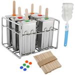 LuckyHigh 6 Sets Stainless Steel Popsicle Molds Rack and Accessories, Rust-Resistant Popsicle Maker, 6pcs Leak-Proof Silicone Seals, 50pcs Wooden Sticks and Bonus Cleaning Brush