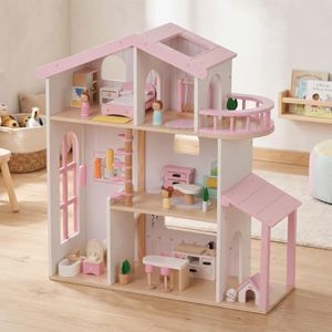 WOODENFUN Wooden Dollhouse for Girls, Doll House with 5 Rooms Play Toys