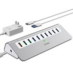 Powered USB Hub 10Gbps, 10 Port USB 3.1 Gen 2 Hub with 7 USB 3.1 Data Ports, 3 Fast Charging Ports, 36W Power Adapter, Type A and Type C Cable, Aluminum USB Data Hub for Mac, PC, Laptop