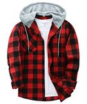 JACKETOWN Men's Plaid Shirts Casual Sweatshirt Men's Hoodie Long Sleeve Shirt with Pocket Button Down Men's Checked Shirt Jacket Flannel Shirt Regular Fit 4 Seasons Lumberjack Shirts Red