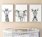 Safari Animals Baby Girl Boy Set of 3 Nursery Unframed Prints, Bedroom Decor Wall Art Posters, Elephant Giraffe Zebra, Black White Style Prints (3 prints, A4)