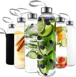 Kitchen Lux 18oz Glass Water Bottles - 6 Pack - Nylon Protective Sleeves, Airtight Screw Top Lids, Portable Carrying Loops - Lead, PVC and BPA Free - Water, Smoothie, Juicer and Beverage Glasses