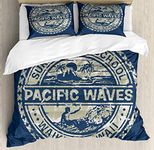 Ambesonne Modern Duvet Cover Set, Pacific Waves Surf Camp and School Hawaii Logo Motif with Effects Design, Decorative 3 Piece Bedding Set with 2 Pillow Shams, Queen Size, Blue Khaki