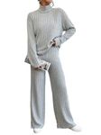 SotRong 2 Piece Ribbed Lounge Set for Women Full Tracksuit Set Ladies Casual Leisure Wear Sets Cozy Pjs Sets Turtleneck Long Sleeve T Shirts and Elastic Waist Pants Grey M