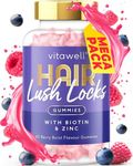 Vitawell Hair Lush Locks Gummies - Hair Growth + Skin + Nails Vitamins Chews | Complex Formula 5000µg Biotin + Zinc + Vitamin A, D3, C, B12 | 60 Mixed Berry Flavour | Supplement for Men & Women