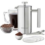 andrew james Double Walled Stainless Steel Cafetiere Gift Set With Coffee Measuring Spoon And Bag Sealing Clip | Delicious French Press Coffee | Easy to Clean (600ml, Stainless Steel)