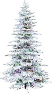 Fraser Hill Farm 10-Ft. Mountain Pine Flocked Artificial Christmas Tree with Dual Multicolor & Warm White LED Lights and Stand, Prelit Foldable Fake Tree with Realistic Snowy Foliage for Home Decor