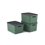 Rotho Jive Dekobox Set of 3 storage box 16l with lid, Kunststoff (PP recycelt), green/anthracite, 3x16l (36.5 x 20 x 27 cm)