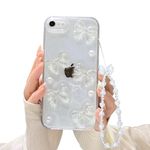 Ownest Compatible with iPhone 7/8/SE Case with Clear Cute 3D Bowknots and Pearl Aesthetic Patterns for Women Teen Girls, Glitter Sparkle Back and Full Lens Protective Phone Case Cover + Chain