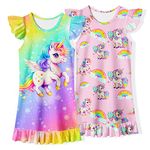LQSZ Girls Nightgowns Kids 9-10 Years 2-Pack Girls Unicorn Pajamas Kids Sleepwear Nightdress Birthday Gifts Nightie for Girls