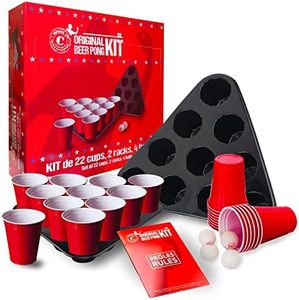 Original Beer Pong Kit - Premium Quality - 22 Large American Cups - 2 Triangles with Slots - 4 Beer Pong Balls - Official Beer Pong Rules - Evening Game - Drinking Game