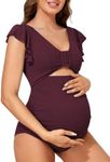 Summer Mae Ribbed Maternity Swimsuit Cutout One Piece Ruffle Sleeve Pregnancy Bathing Suit High Waisted Swimwear, Burgundy, Medium