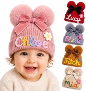 Personalized Name Beanie for Infant Baby Toddler Knit Bow Hat with Pom Pom