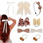 NEGOTIN 10Pcs School Girls beige Hair Accessories, beige Bow Hair Clips brown Bow Headband brown Hair Bands Hair Accesories for Girls Birthday Gift