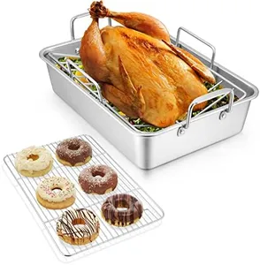 14 x 10.6 Inch Roasting Pan, Herogo Stainless Steel Turkey Roaster Pan with V-shaped Rack & Flat Cooling Rack Set for Oven Cooking Toaster, Dishwasher Safe - Small