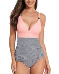 VECENEY Tankini Swimsuits for Women Tummy Control Two Piece Bathing Suits V Neck O-Ring Ruched Swimwear Striped Pink M