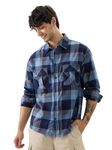 The Souled Store Plaid: Indigo Blue Men and Boys Long Sleeve Collared Neck Button Front Cotton Relaxed Fit Shirts