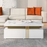 Merax Coffee Table with PVC Pattern Top and 2 Wooden Drawers, White Rectangular Coffee Table, Coffee Table for Living Room, Office (White, 100 * 50 * 40 cm