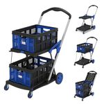 LEADALLWAY Grocery Shopping Cart with 2 Storage Crates Multi Use Functional Collapsible Carts Blue