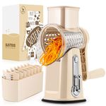 SUSTEAS Rotary Cheese Grater Hand Crank, 5-in-1 Vegetable Shredder, Including Non-Slip Suction Base, Easy to Clean and Use, Kitchen Shredder for Cheese, Cabbage, Carrots, Nuts | Beige