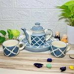 Earthystone Hand Painted Kitchenware Ceramic Tea Kettle Set | Morning Tea Set | 1 Kettle | 1 Tray | Tea Cup 2 Piece (Grey)