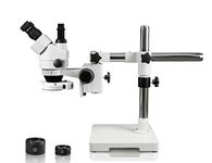 Walter Products WP-3FZ-IFR07 Trinocular Zoom Stereo Microscope | 10x WF Eyepiece, 0.7X—4.5X Zoom, 3.5X—90x Magnification, 0.5X & 2X Aux Lens | Single Arm Boom Stand | 144-LED Ring Light W Control