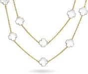 White Flower Long Silver Plated Pearlized Enamel Station Chain Wrap Layer Clover Necklace for Women 40 Inch