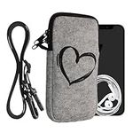 kwmobile Felt Phone Bag with Design XXL - 7" - 17.7 x 8.5 cm Strap Holder - Brushed Heart Black/Light Grey