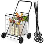 COSTWAY 83L Folding Shopping Trolley on Wheels, Metal Utility Push/Pull Cart with Foam Covered Handle, Portable Luggage Grocery Carts for Supermarket Laundry Mobility (Black)