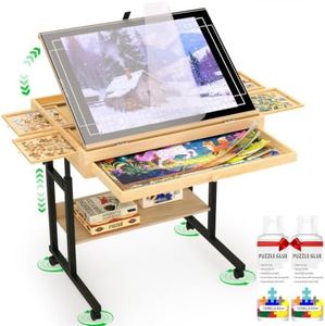 QDKGH Wooden Puzzle Table with Drawers, 1500 Piece Puzzles for Adults & Puzzle Enthusiasts with Adjustable Height & Tilt, Felt Surface, Metal Stand with Lockable Wheels, Puzzle Storage Box and Cover